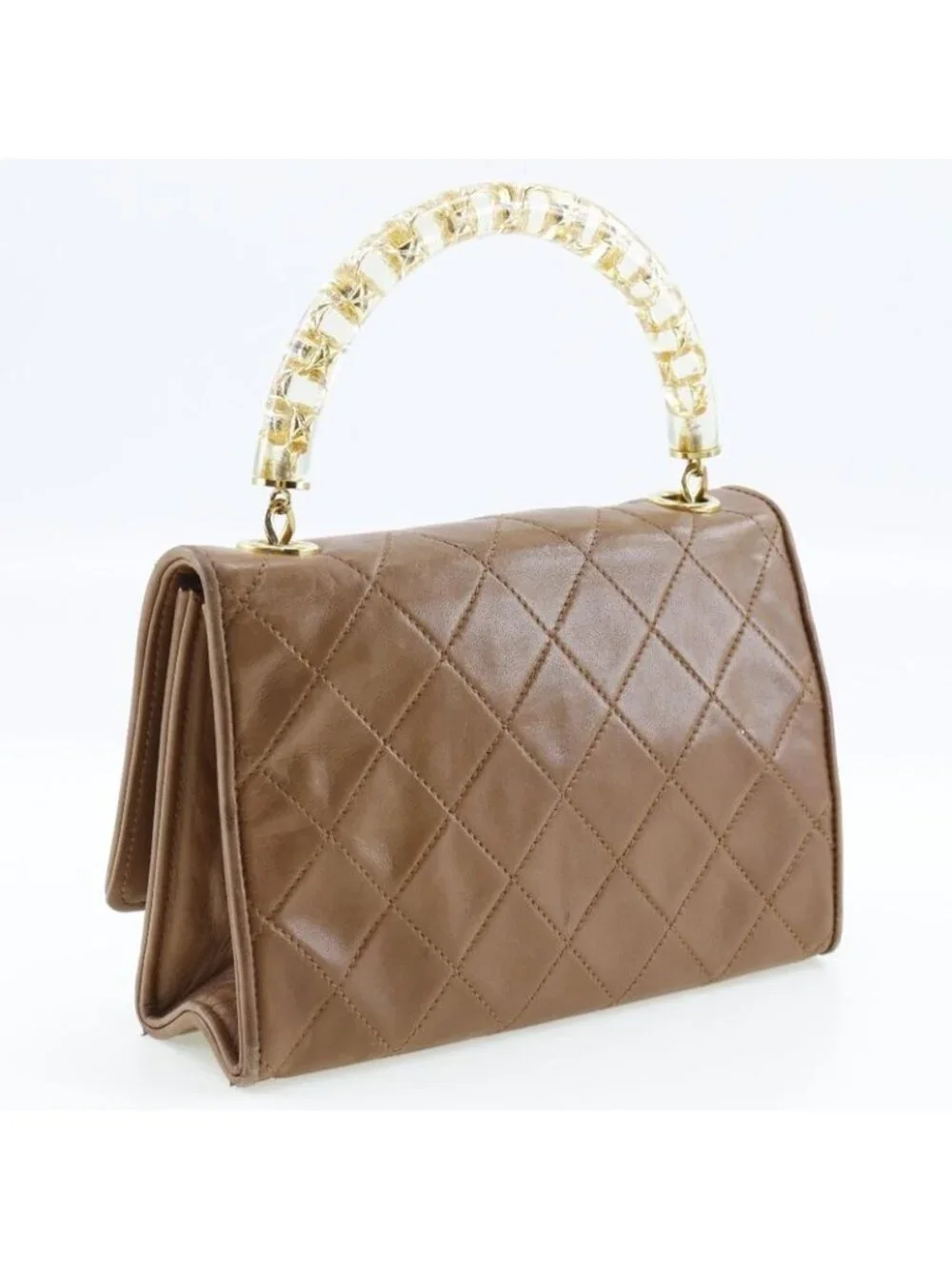 Chanel Quilted Plastic Handle Vintage Lambskin Beige Handbag